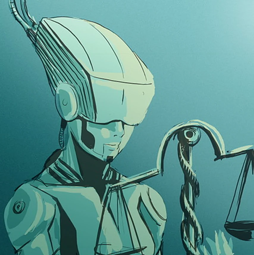A humanoid robot holding the scales of justice: the illustration made for the Lex Robotica conference (Cnam, 2017)